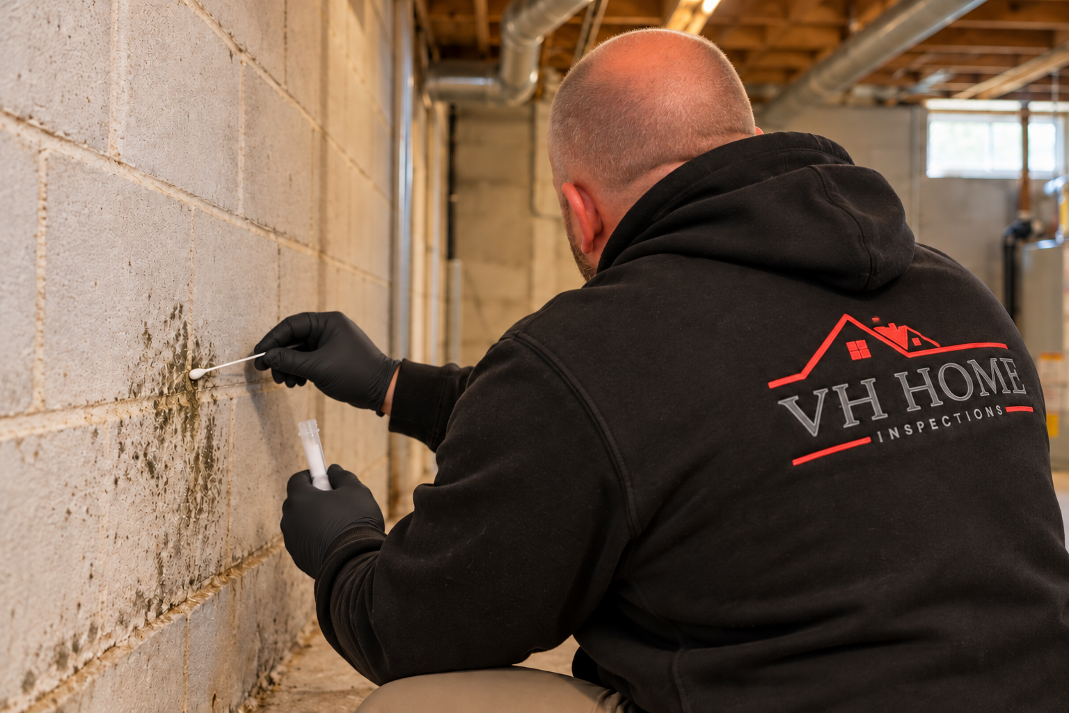 AI illustration of Mike in a VH Home Inspections sweatshirt and black gloves collecting a surface mold sample